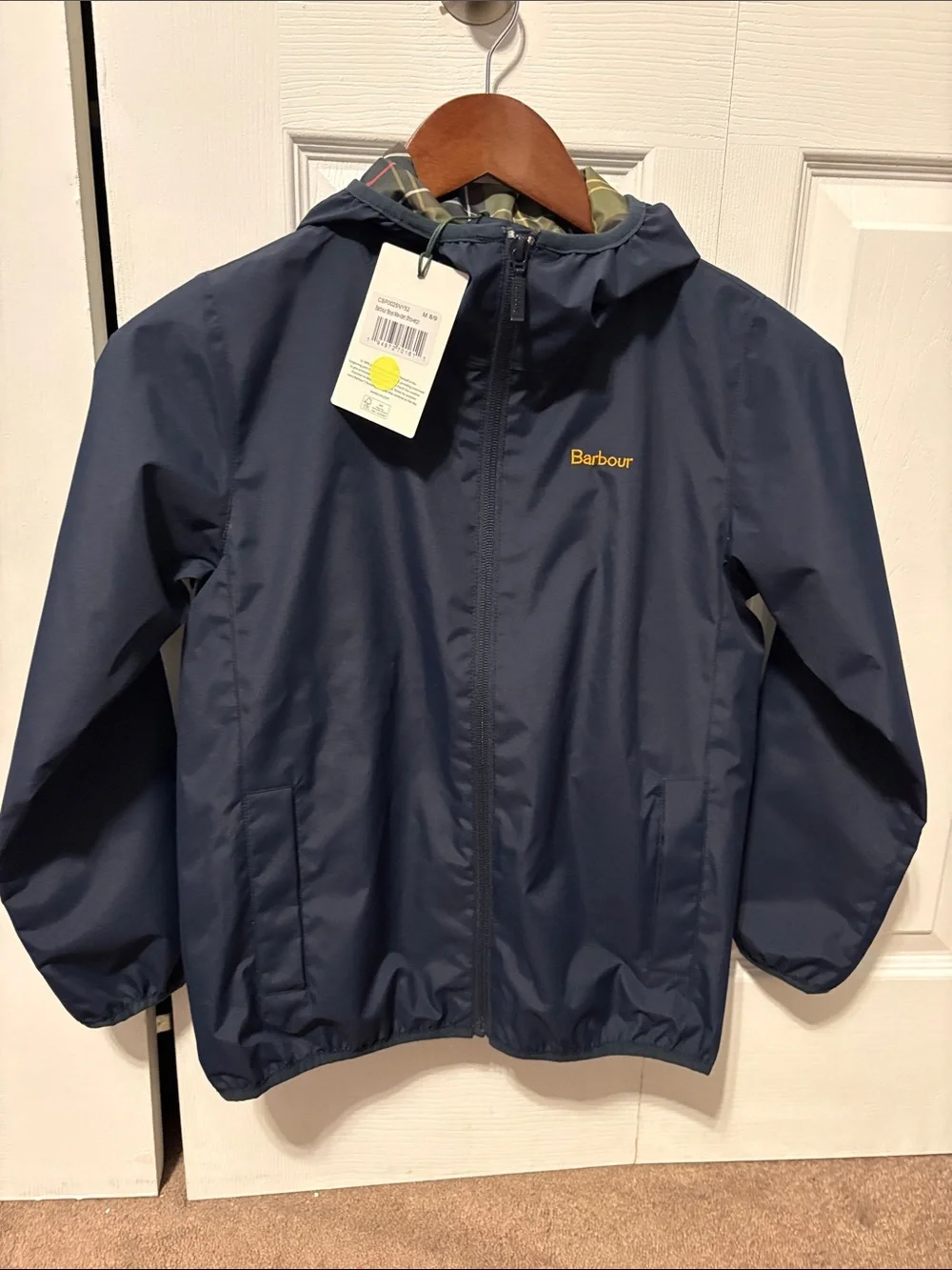 NWT Barbour Navy Kids Hooded Raincoat with Tartan Trim Size M(8/9)